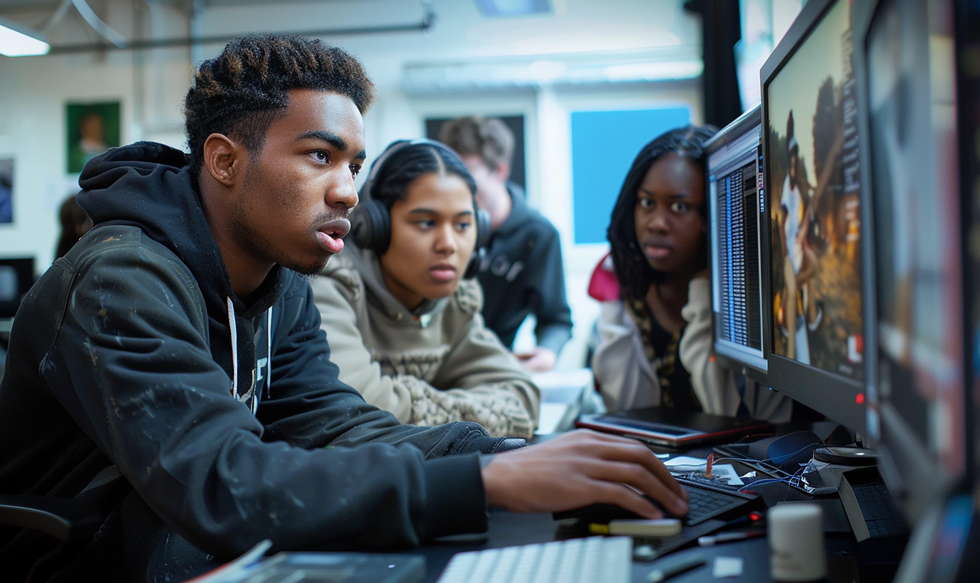 A group of learners focused on a shared screen during a collaborative learning session in a modern classroom.