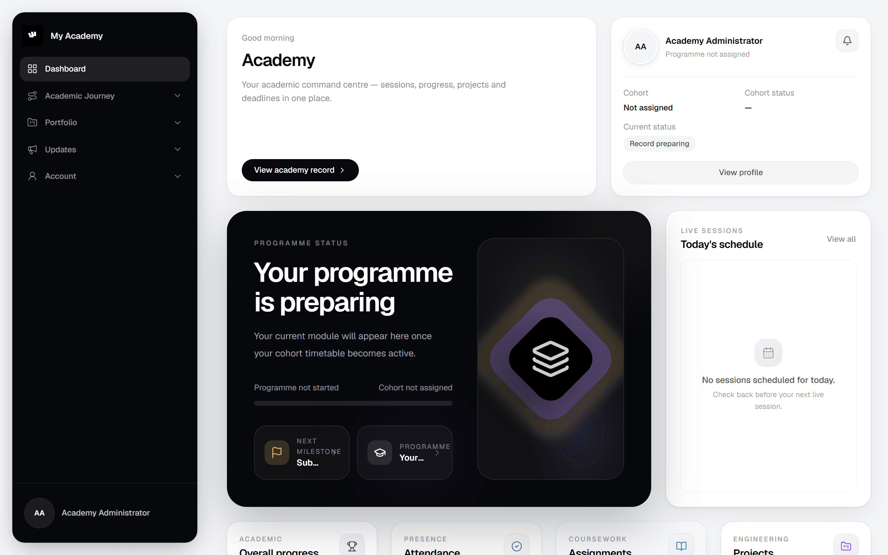 My Academy dashboard with cohort overview and learner progress