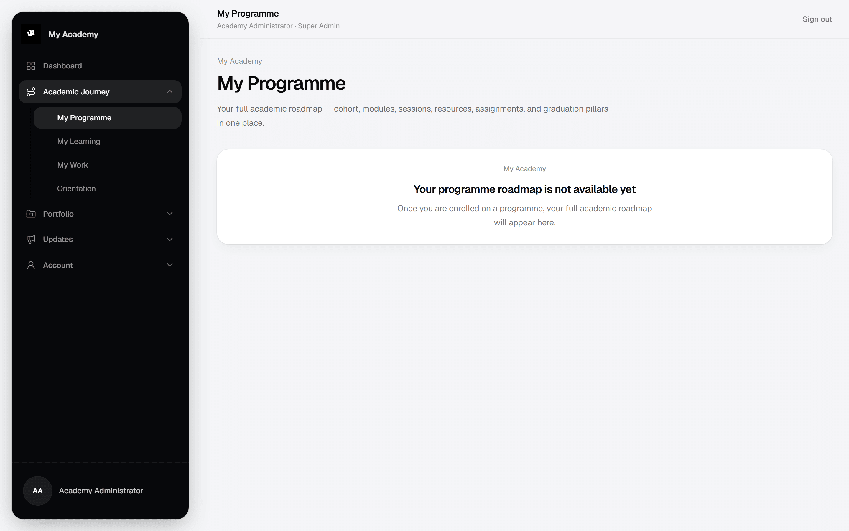 My Academy programme roadmap showing module progression